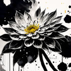 Monochrome flower art with black ink splashes and yellow center on white background