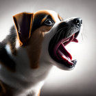 Tricolor Dog with Bright Eyes and Open Mouth in Softly Lit Setting