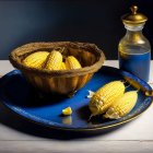 Corn cobs, blue plate, basket, golden bottle, lemon wedge on white wooden surface against dark