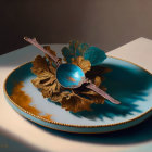 Ornate spoon on turquoise plate with golden leaves and elegant artistry