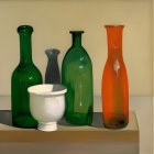 Assorted vases in various heights and colors on beige surface