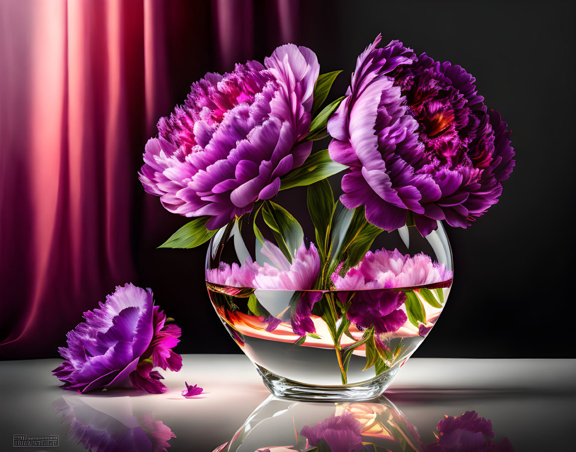 Purple peonies bouquet in round glass vase with glossy reflections and red curtain.