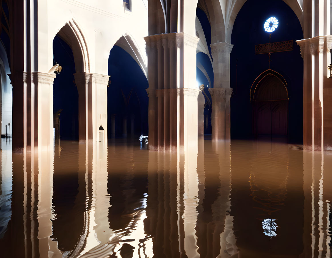 Flooded Church Interior with Reflecting Water and Warm Lighting