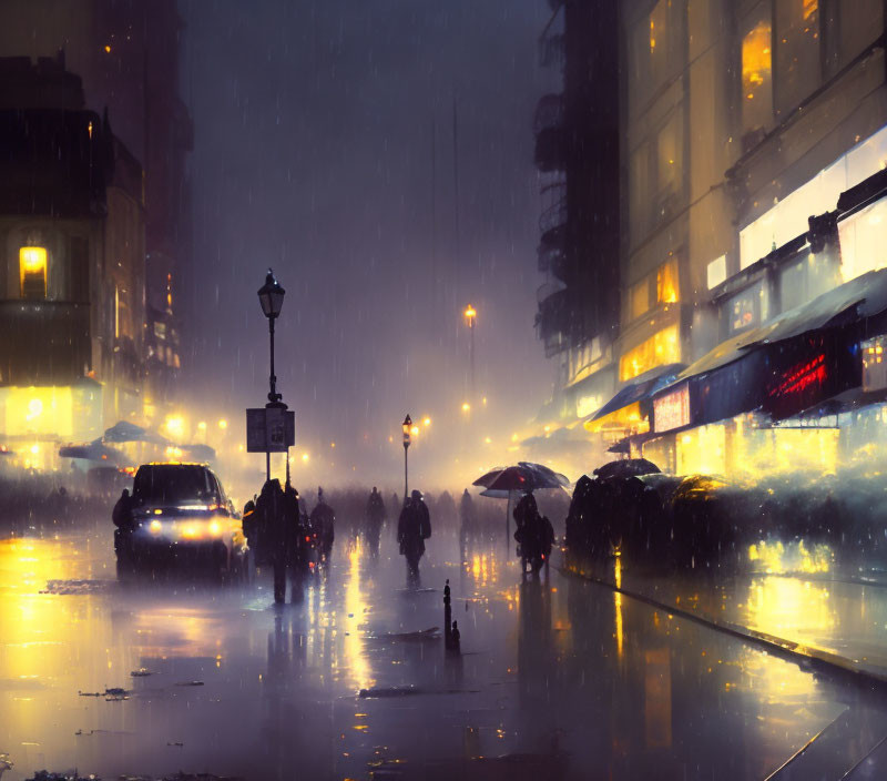 Rainy Night Scene: Glowing Street Lights, Silhouettes, Cars, Reflections