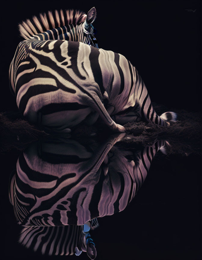 Striped Zebra Reflection on Dark Glossy Surface
