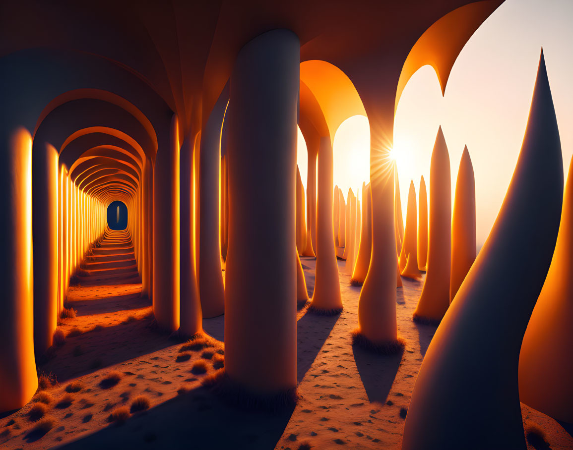 Surreal corridor with arches and conical shapes under warm sunlight