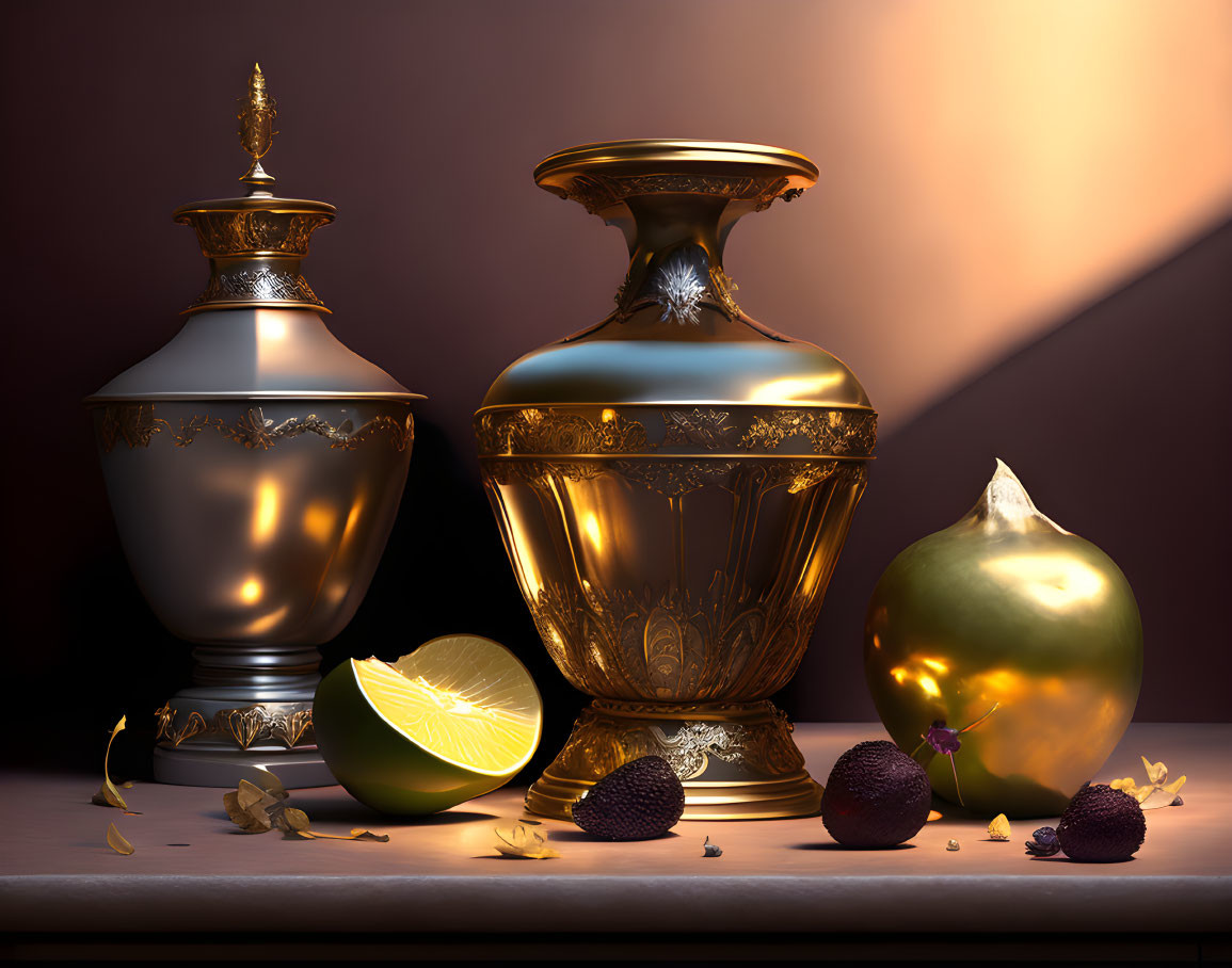 Ornate vases with golden highlights, lime, and purple fruits on dark background