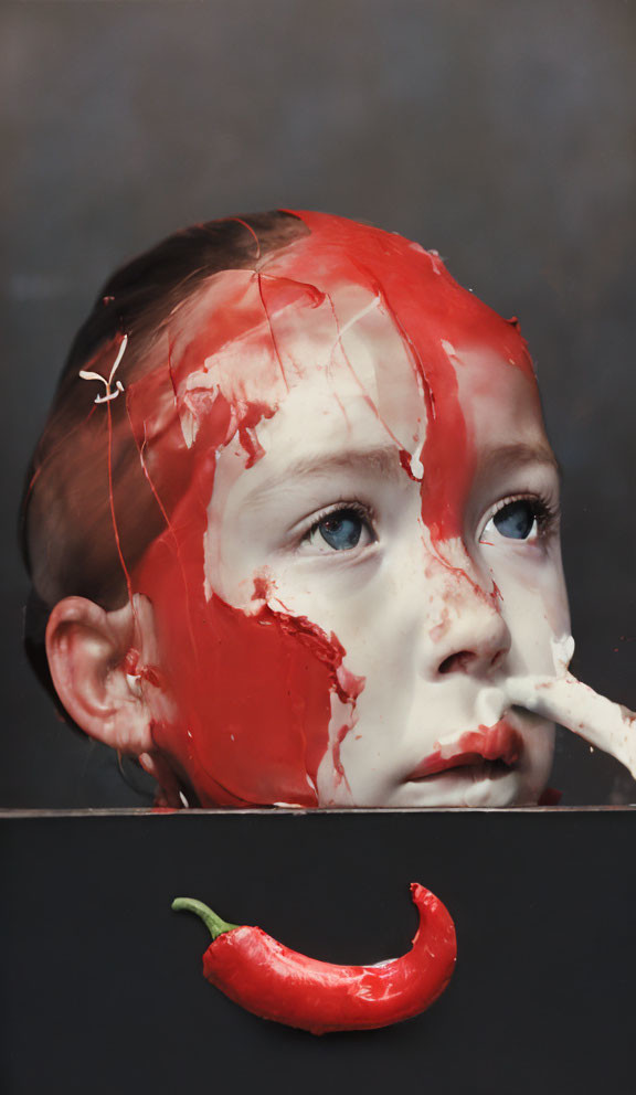 Contemplative child with red paint on face and chili pepper in foreground