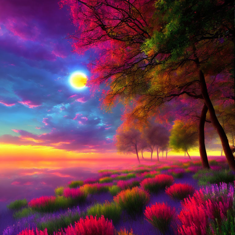 Colorful sunset landscape with bright moon and vibrant flora