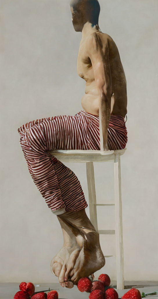 Surreal painting of person with incomplete torso on tall stool wearing striped pants