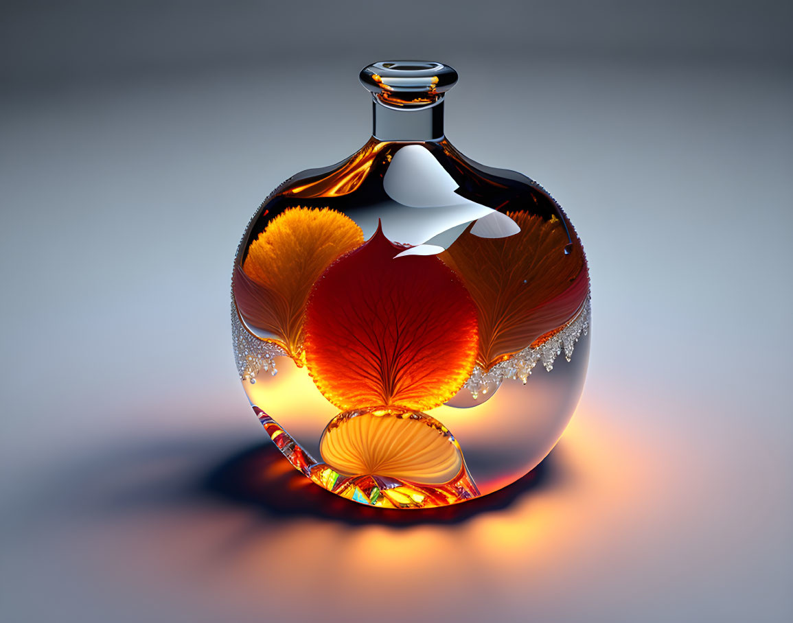 Transparent Glass Flask with Ornate Autumn Leaf Design