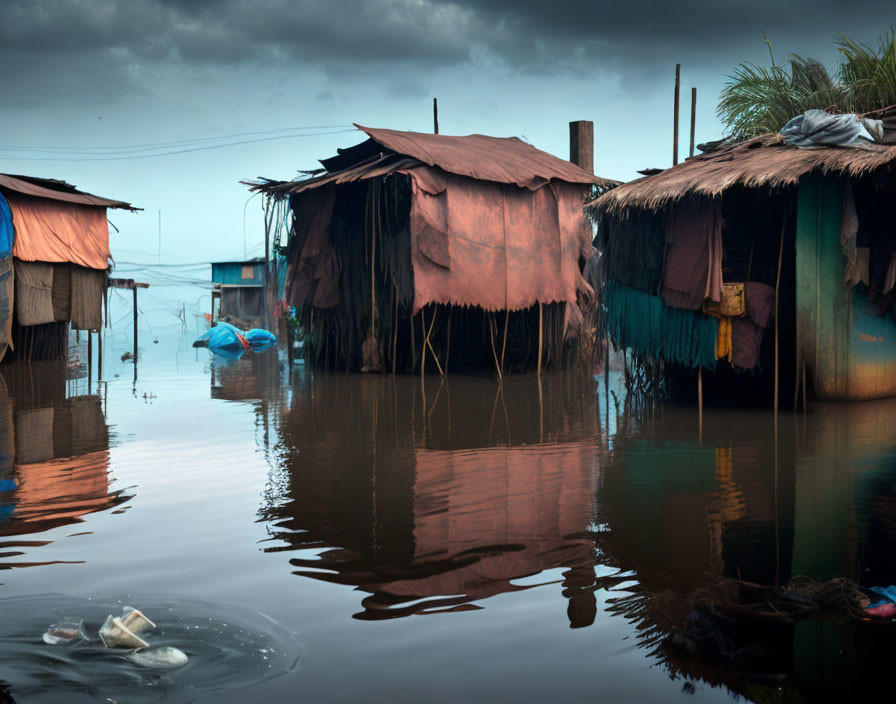 Stilt houses with tattered roofs in flooded waters under a moody sky