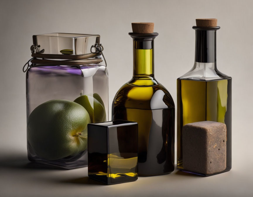 Dark and clear glass bottles with green fruit in a still life composition