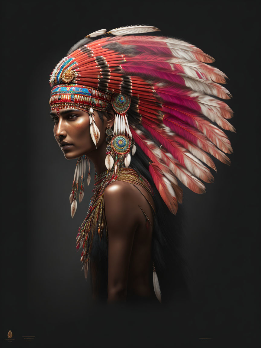 Person adorned with detailed native headdress in red and white feathers, beads, and earrings on dark background