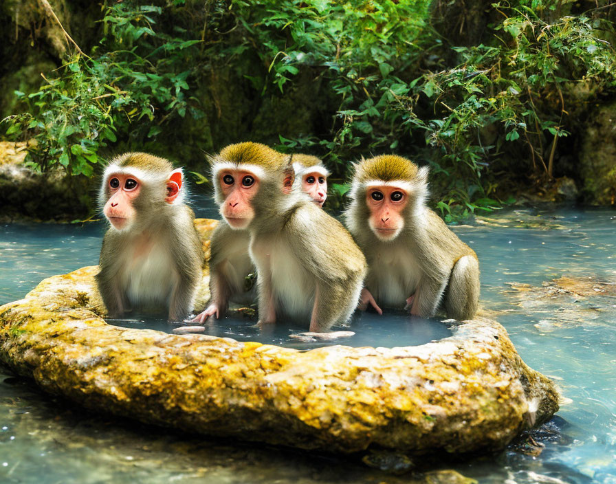 Four Monkeys Sitting on Rock in Blue-Water Stream Amid Lush Greenery