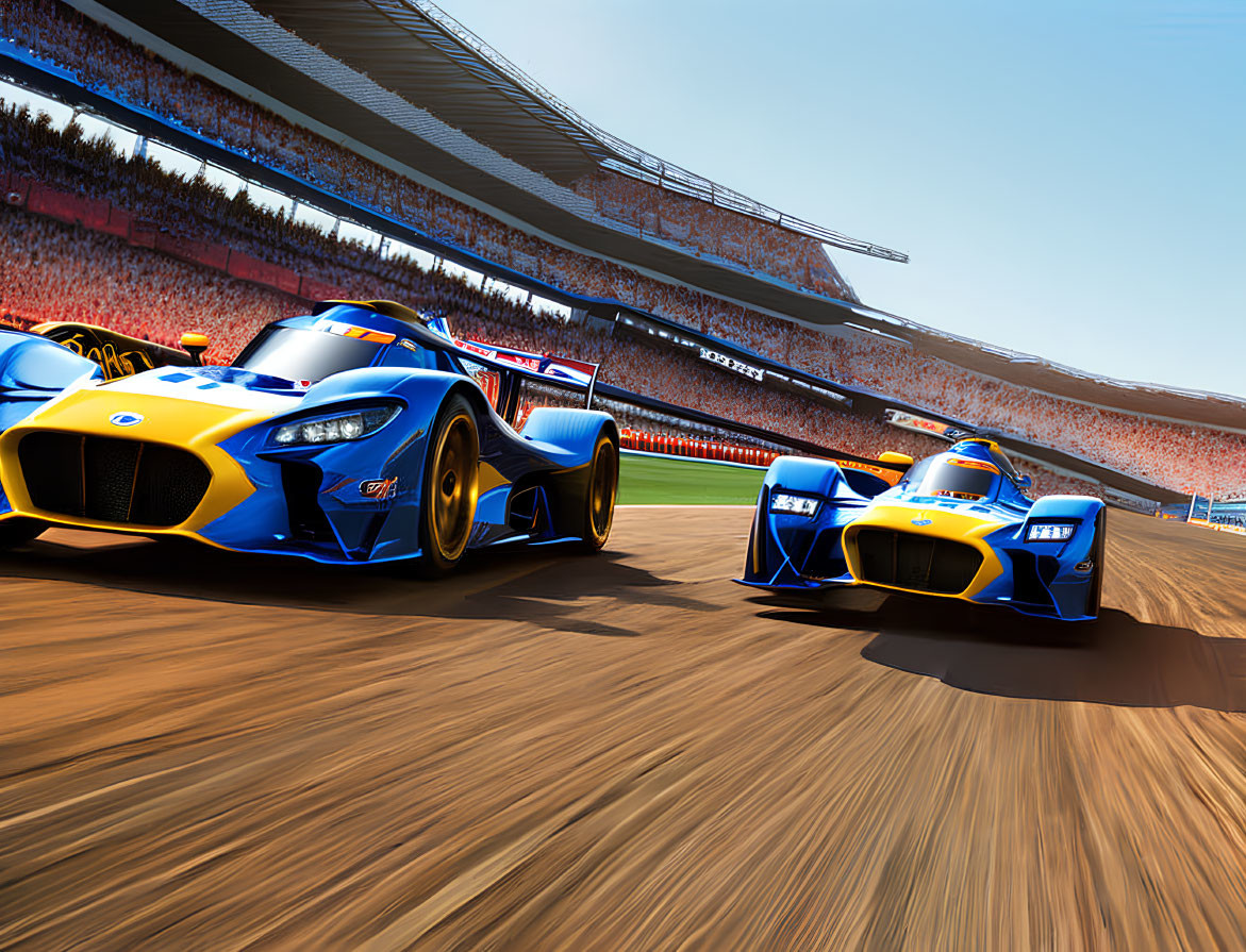 Two Blue and Yellow Race Cars Speeding on Racetrack with Packed Stands