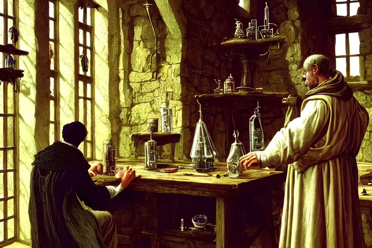 Medieval individuals in alchemy lab with glassware on table