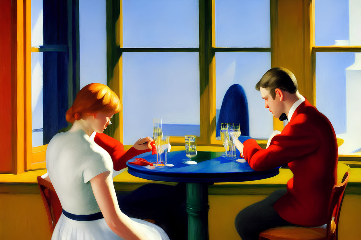 Two individuals in vibrant outfits enjoying drinks by a sunny window with a view of the sea.