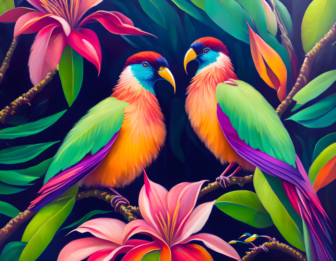 Colorful Parrots Perched on Branch in Tropical Setting