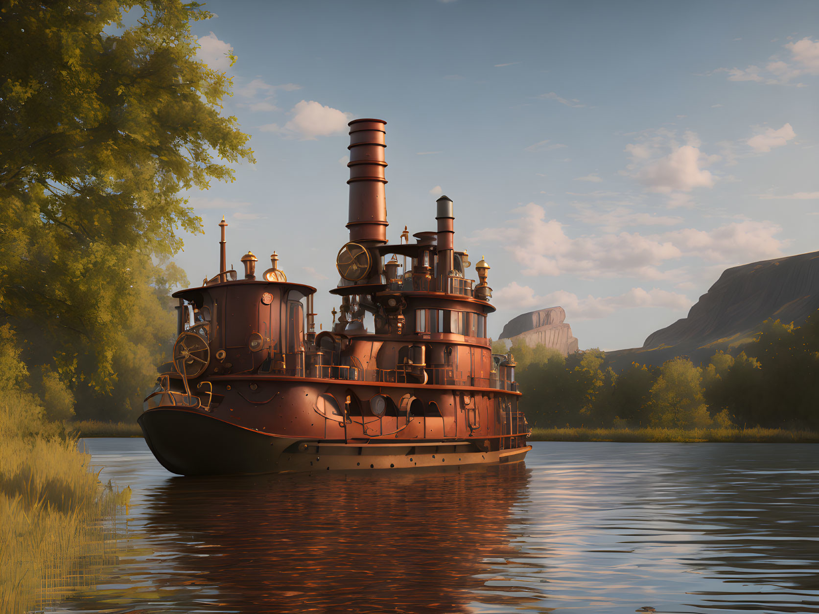 Vintage steamboat with intricate metalwork on calm river at sunset