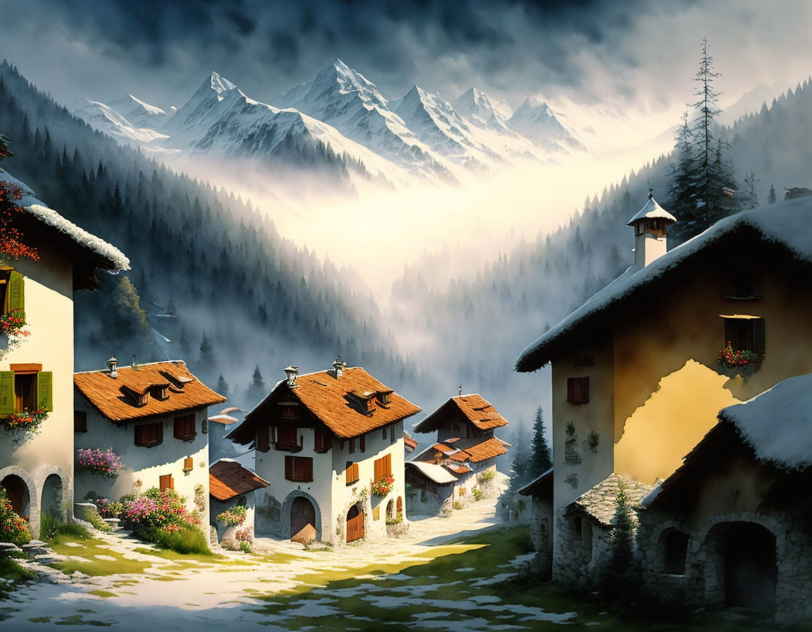 Traditional alpine village nestled in snowy mountains