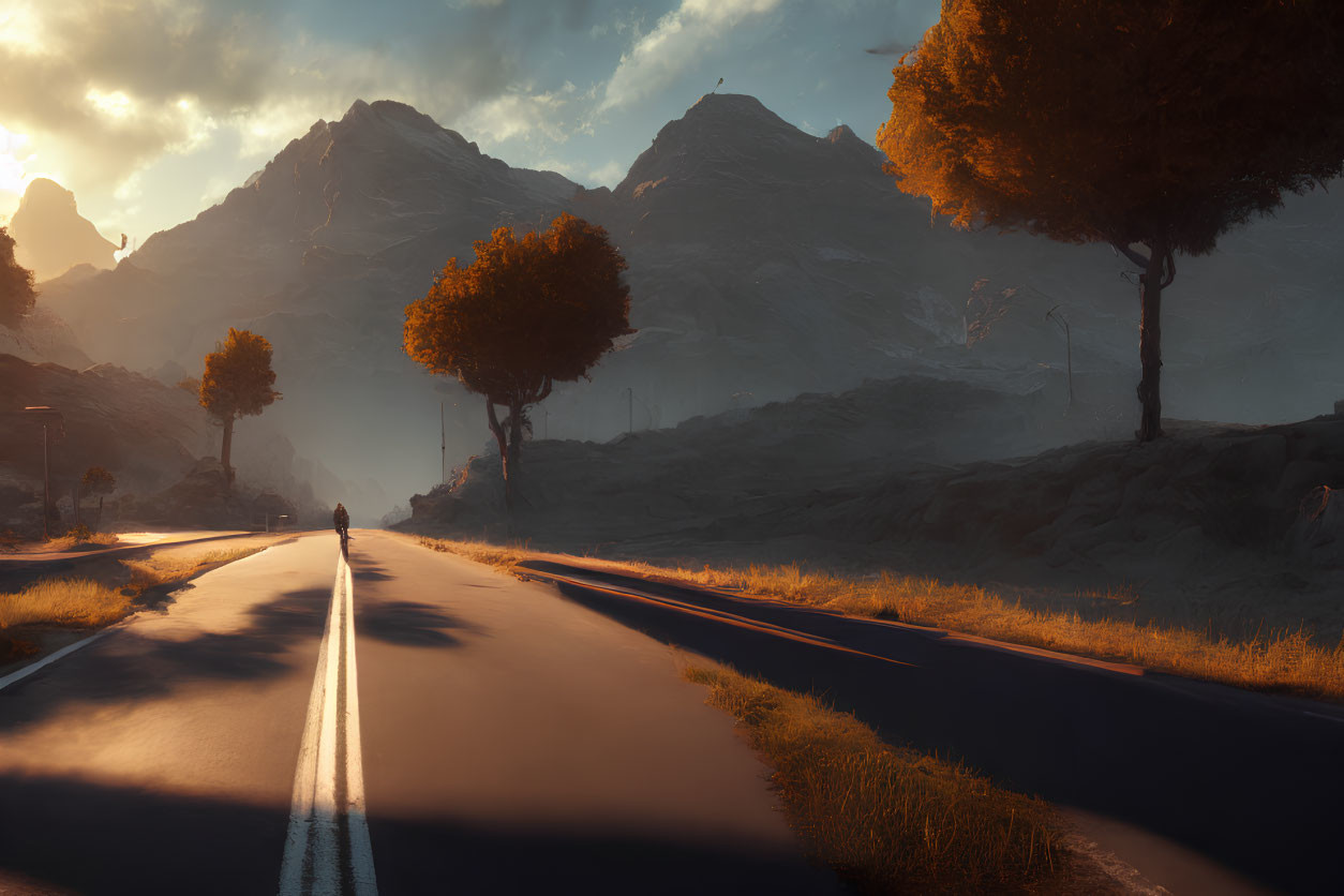 Person walking on sunlit road in misty mountain landscape with golden-leaved trees.