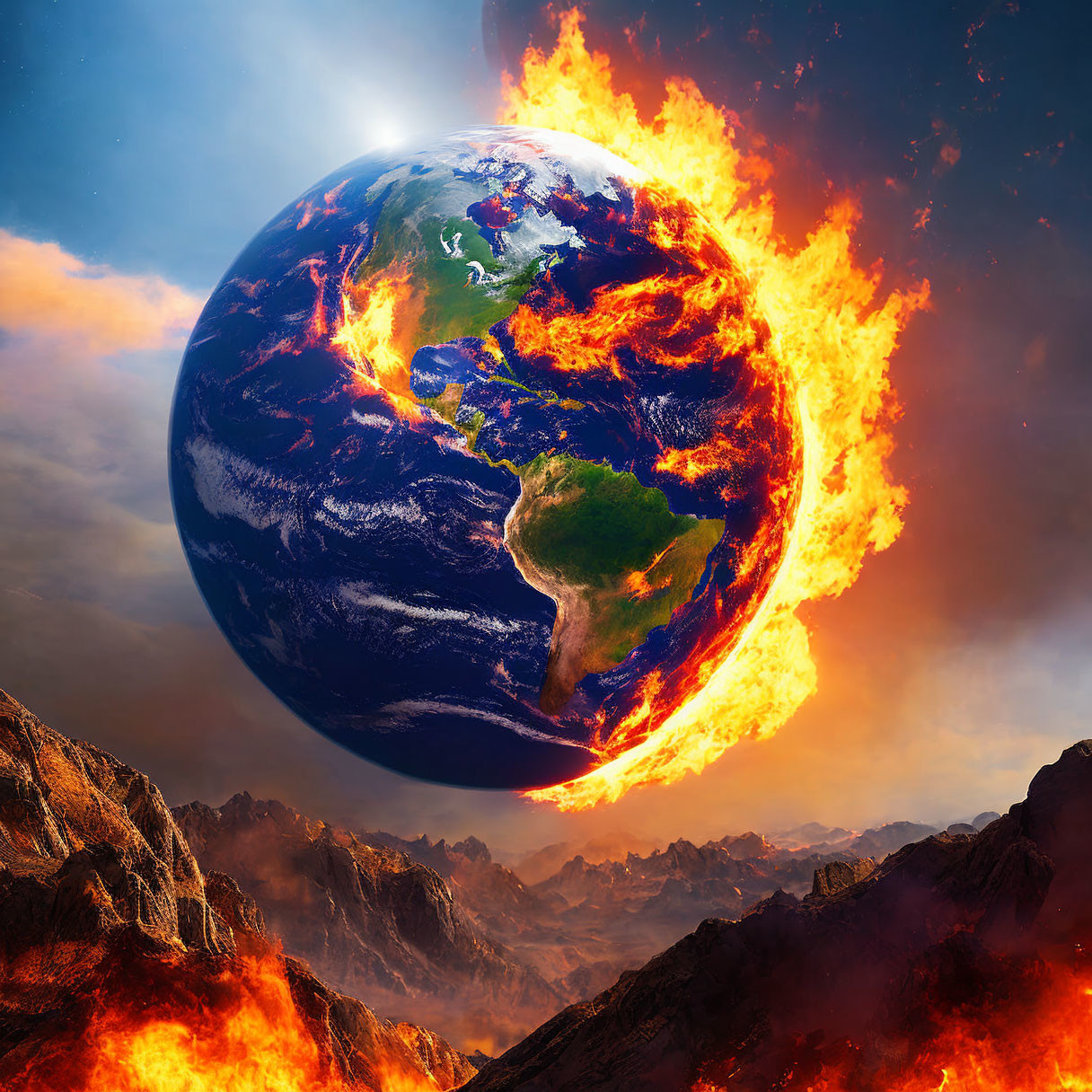 Earth engulfed in fiery flames against dramatic sky and rocky landscape