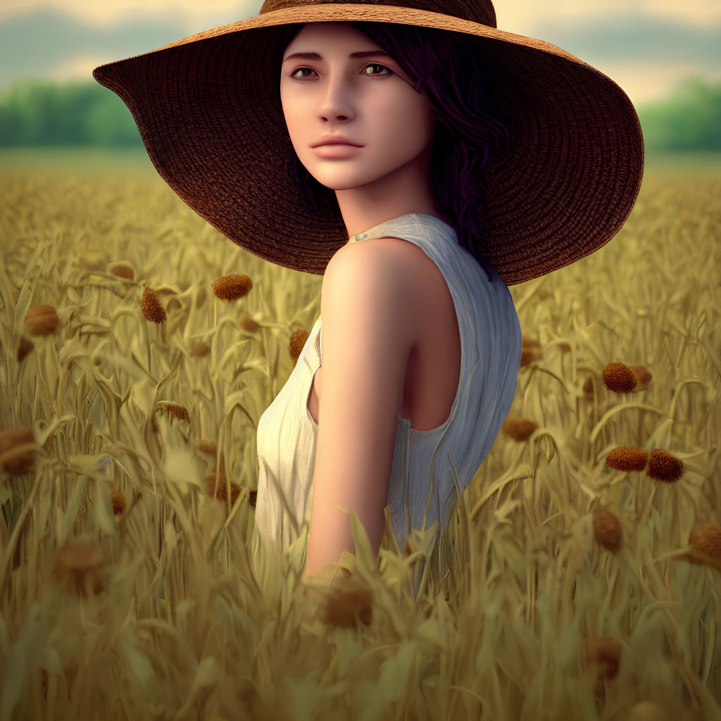 Purple-haired woman in large hat and sleeveless top in flower field.