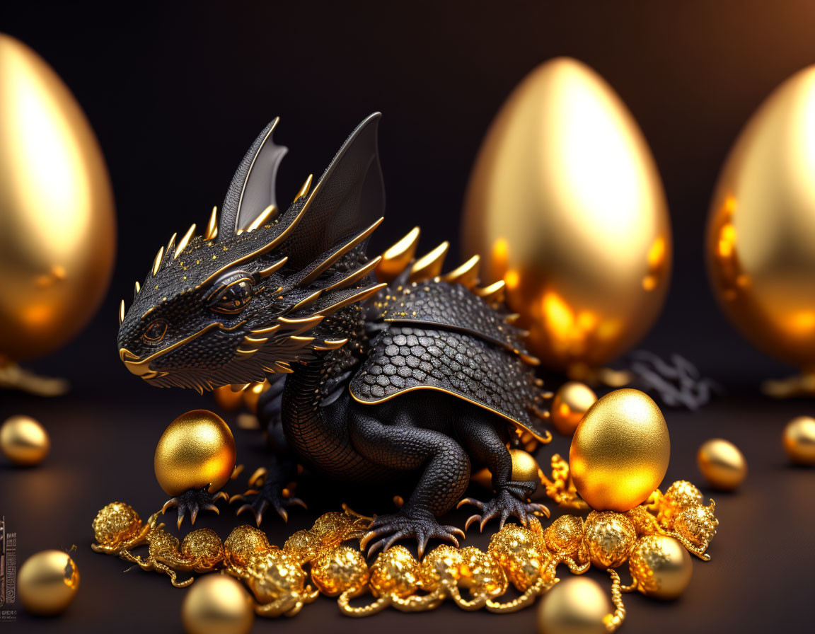 Black Dragon Figurine with Golden Horns Among Shiny Gold Objects