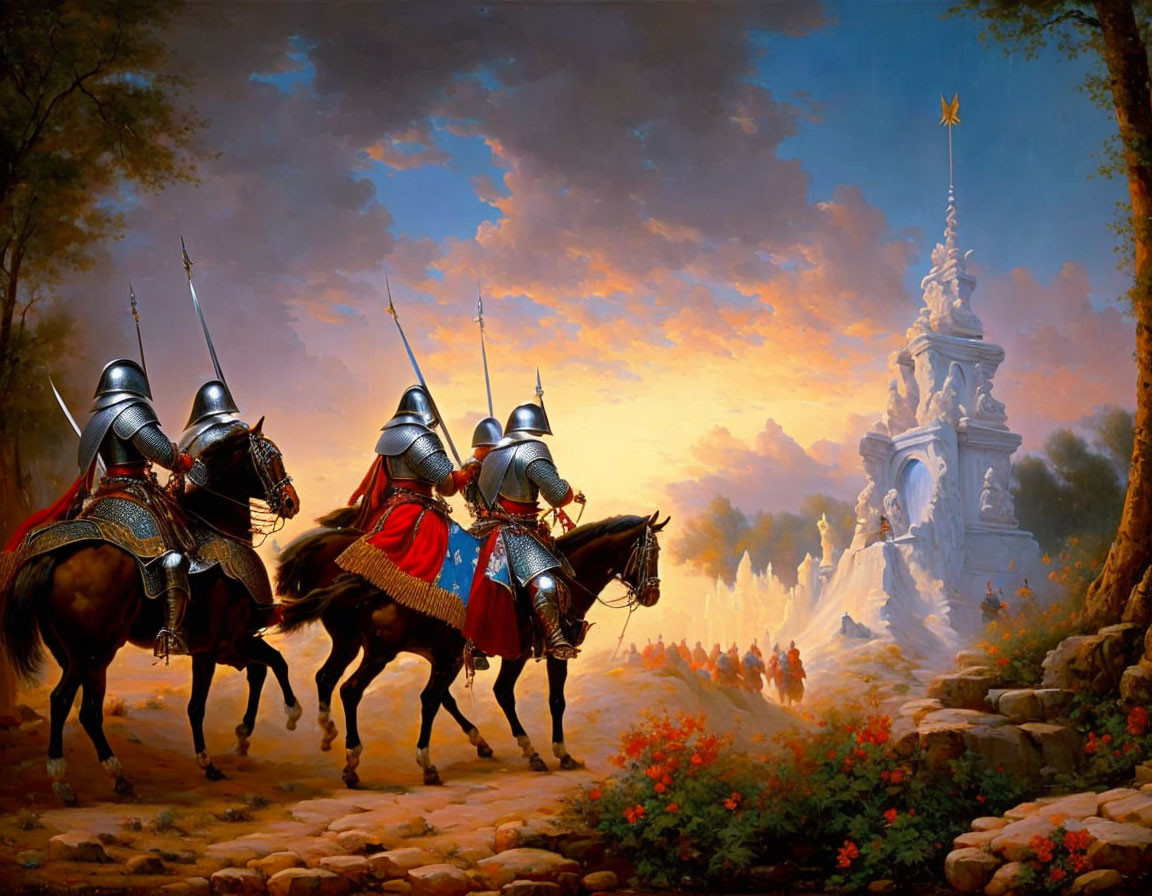 Four knights in full armor on horseback near stone memorial in forest clearing.