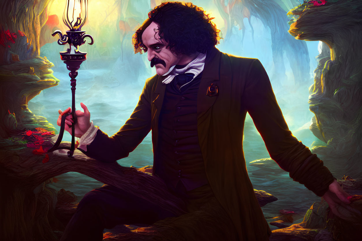 Man with Mustache and Candelabra in Vibrant Forest Scene