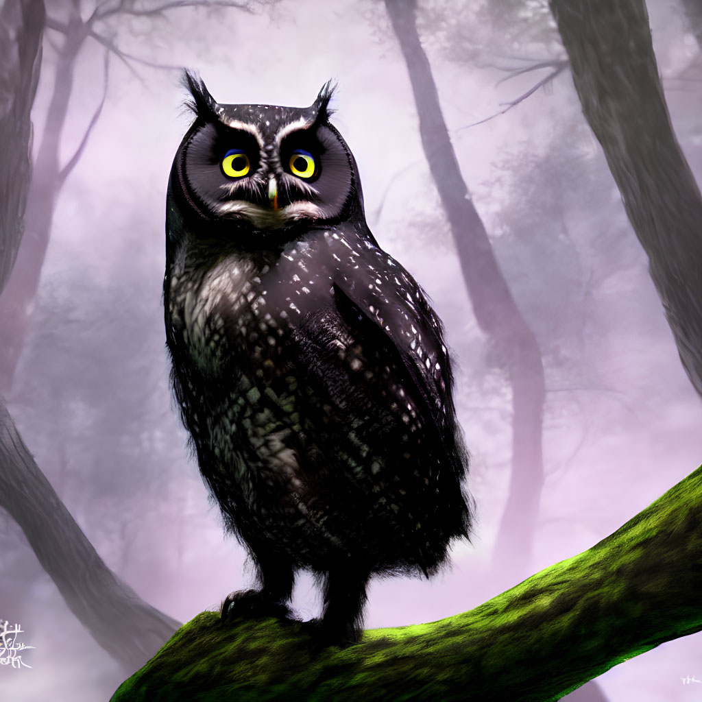 Illustrated owl with large eyes on branch in mystical forest.