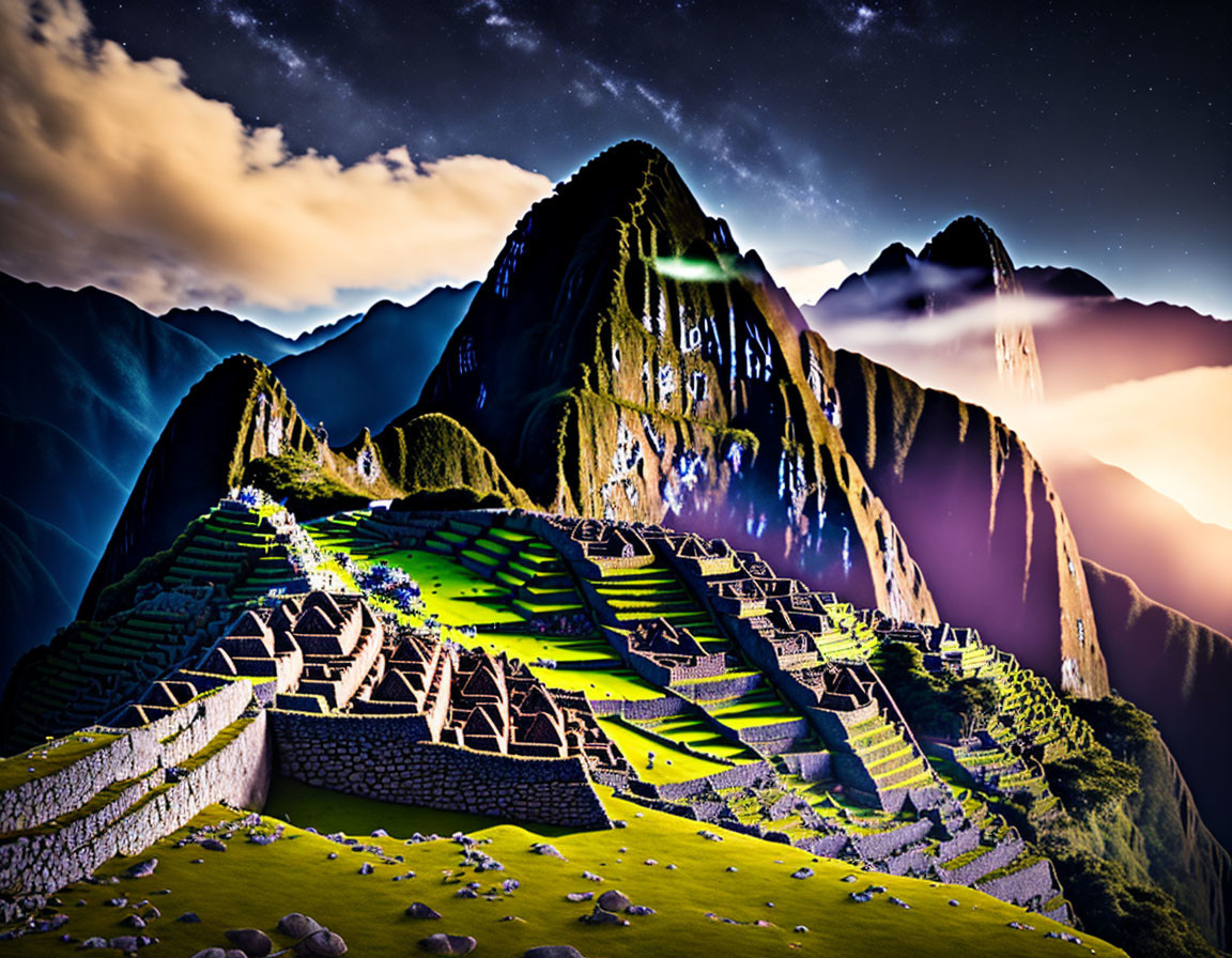 Dramatic illuminated ruins of Machu Picchu at dusk