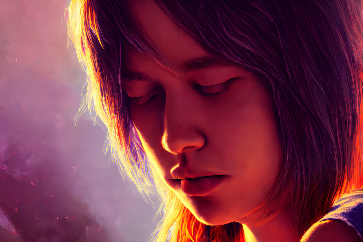 Vivid pink and orange digital portrait with closed eyes and long hair