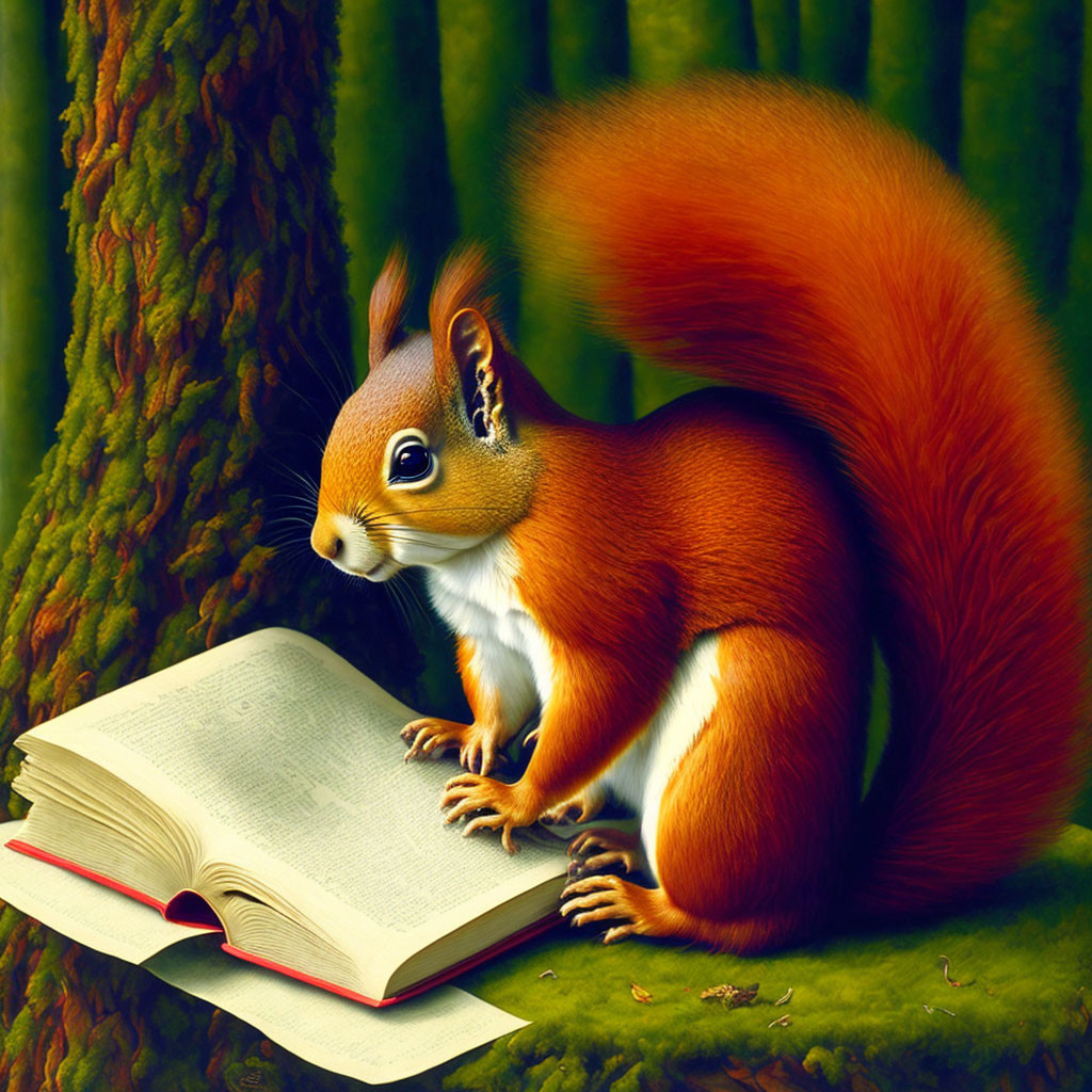 Colorful Illustration: Red Squirrel Reading Book in Forest