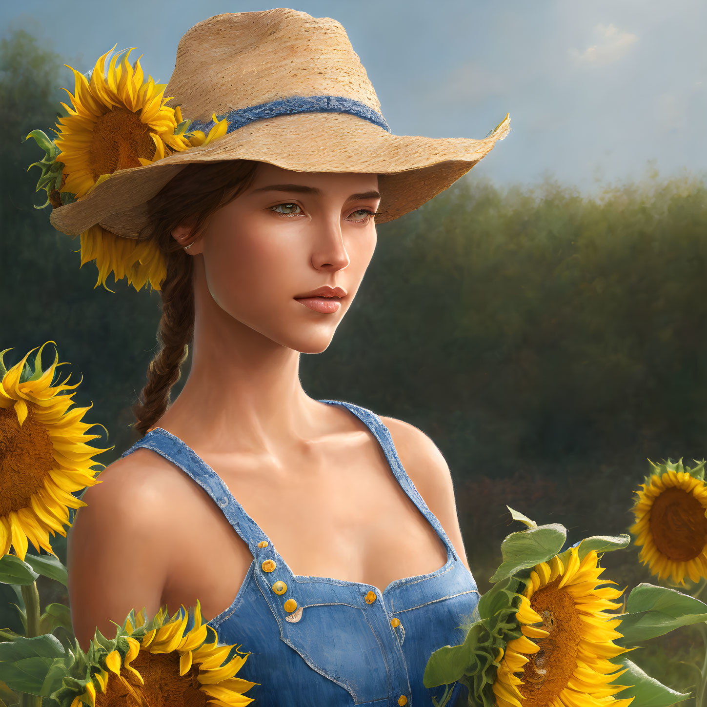 Woman with braid in sunflower field wearing straw hat