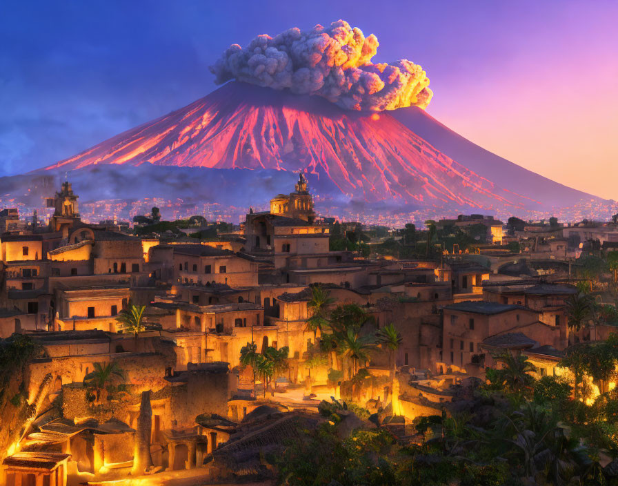 Historic architecture in illuminated town with erupting volcano at twilight