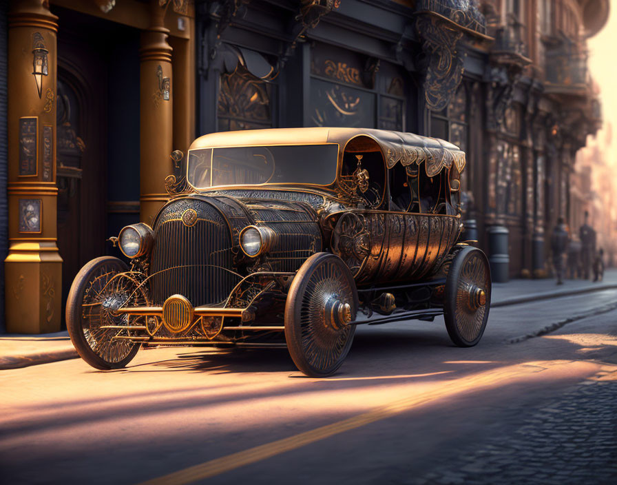 Vintage Car with Ornate Details Parked on Cobblestone Street