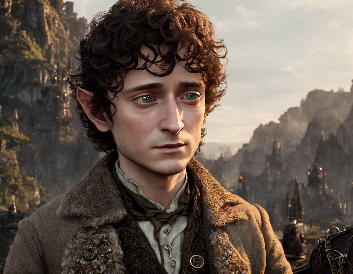 Detailed CG portrait of male hobbit with curly hair in fantasy cityscape at sunset