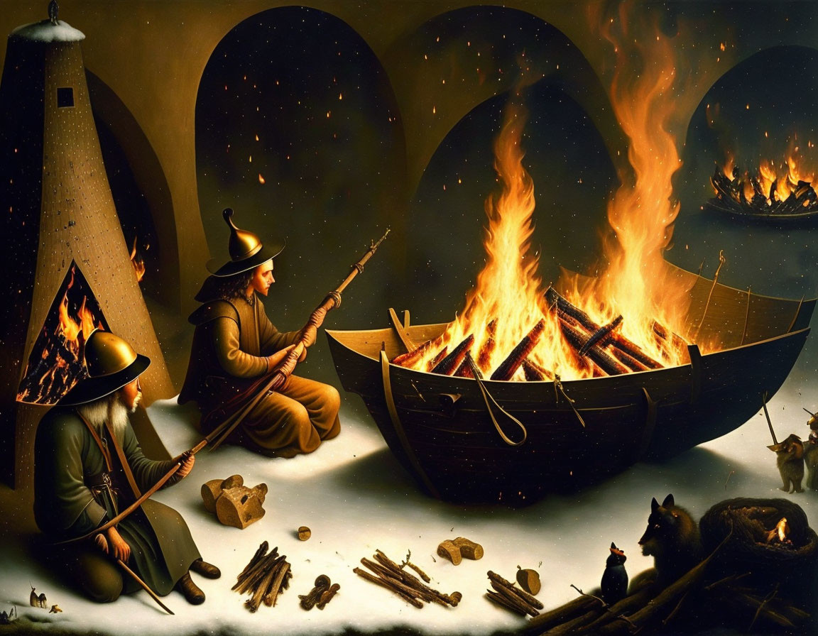 Medieval-themed indoor scene with figures by boat-shaped fire pit