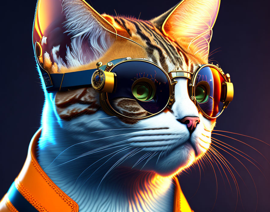 Detailed 3D illustration: Cat in steampunk goggles & orange jacket on dark blue.