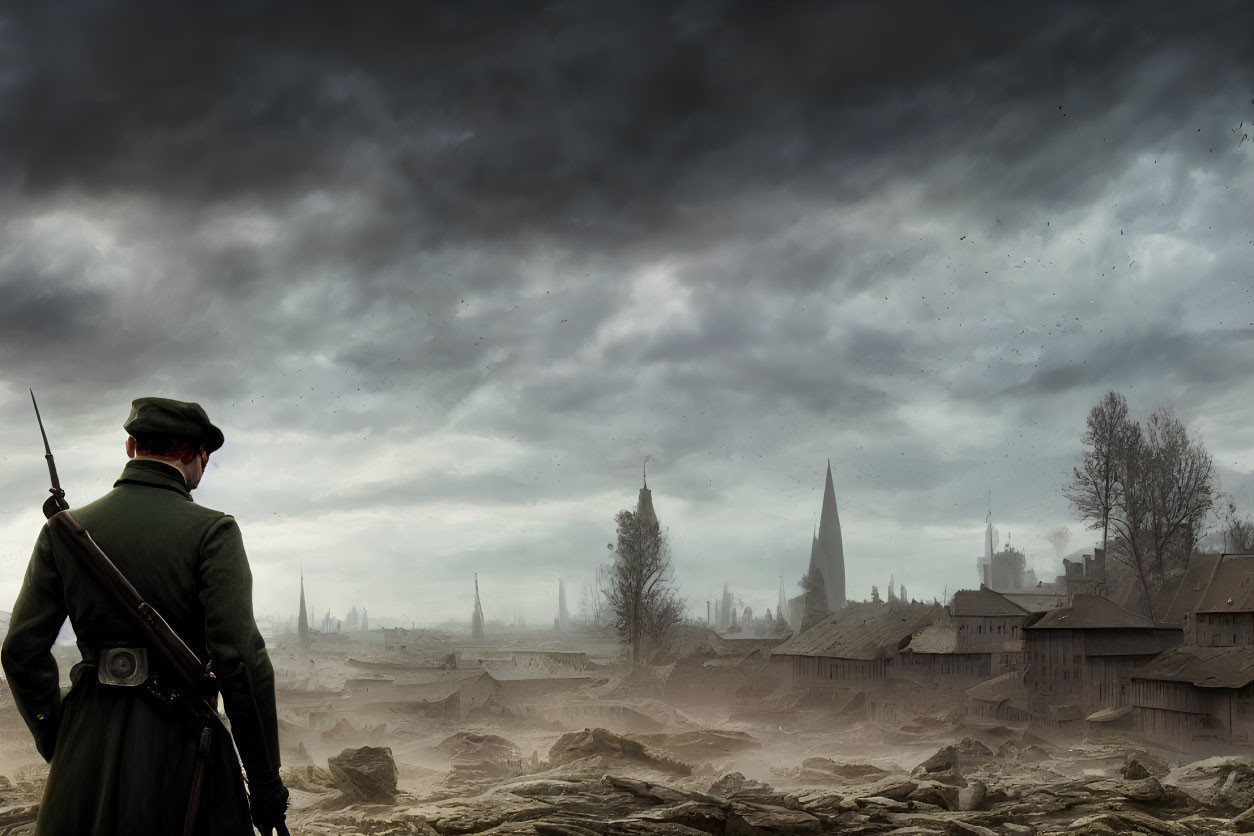 Soldier in green uniform on desolate battlefield with ravaged village under stormy sky