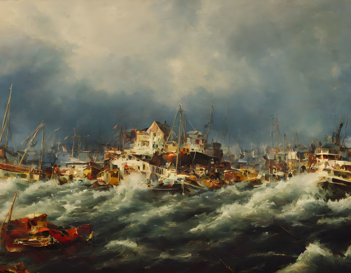 Stormy Seascape with Tossed Boats and Coastal Town in Distance