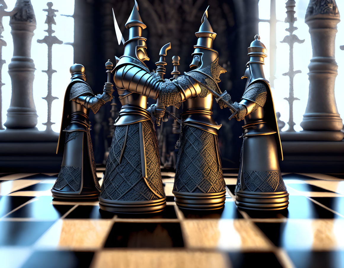 Medieval knights themed animated chess set on castle backdrop