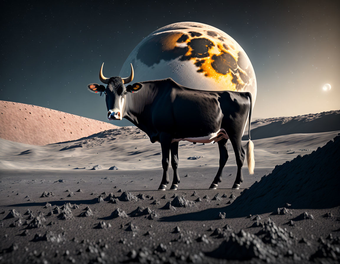 Cow standing on barren moon-like landscape with large planet in background.