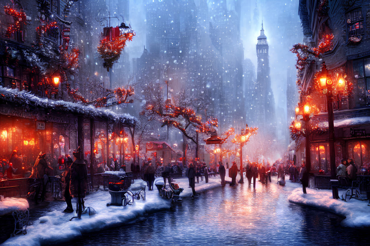 Winter city street with festive lights, decorations, people walking, and horse-drawn carriage in snowfall