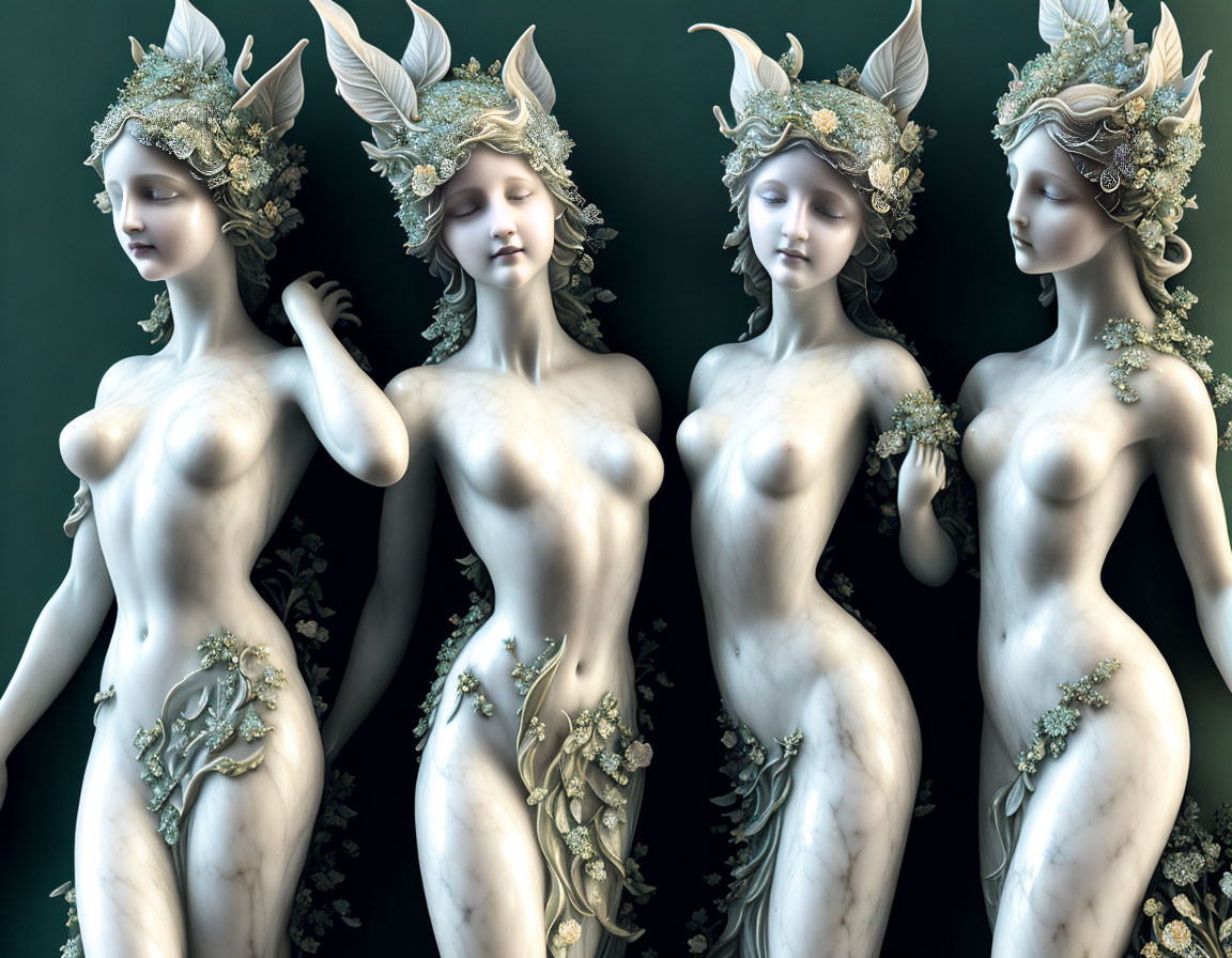 Four Female Figure Statues with Ornate Headpieces on Green Background