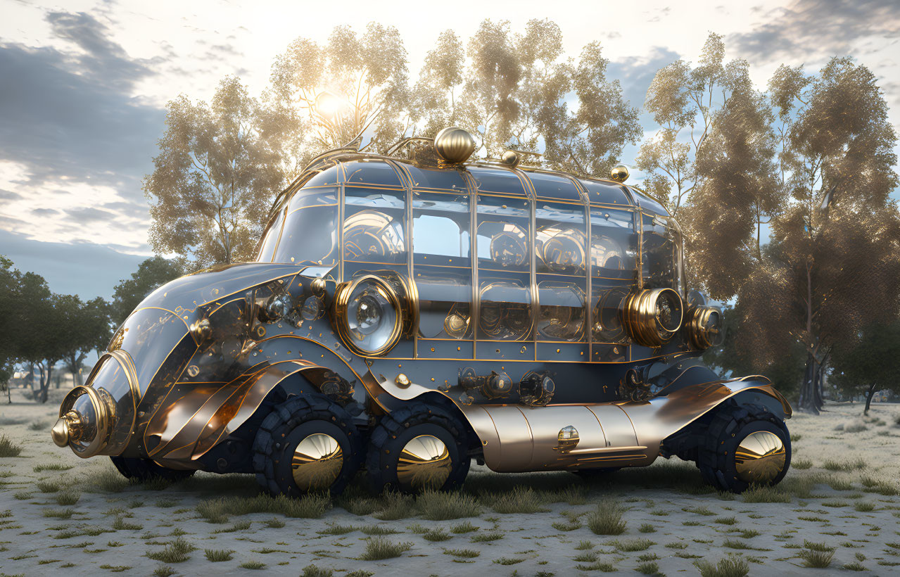 Steampunk-style glass vehicle with gold details in forest clearing