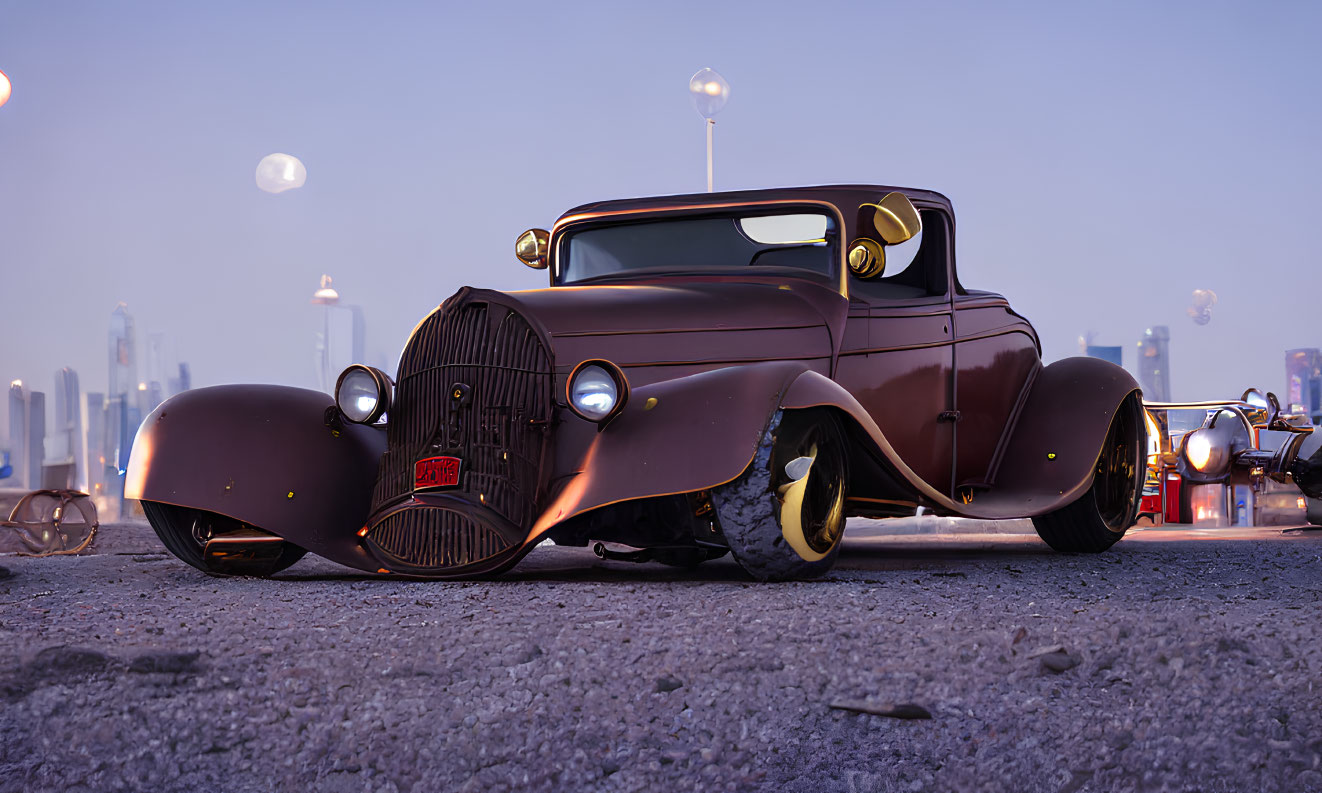 Vintage custom car with oversized fenders and headlights on urban road at dusk