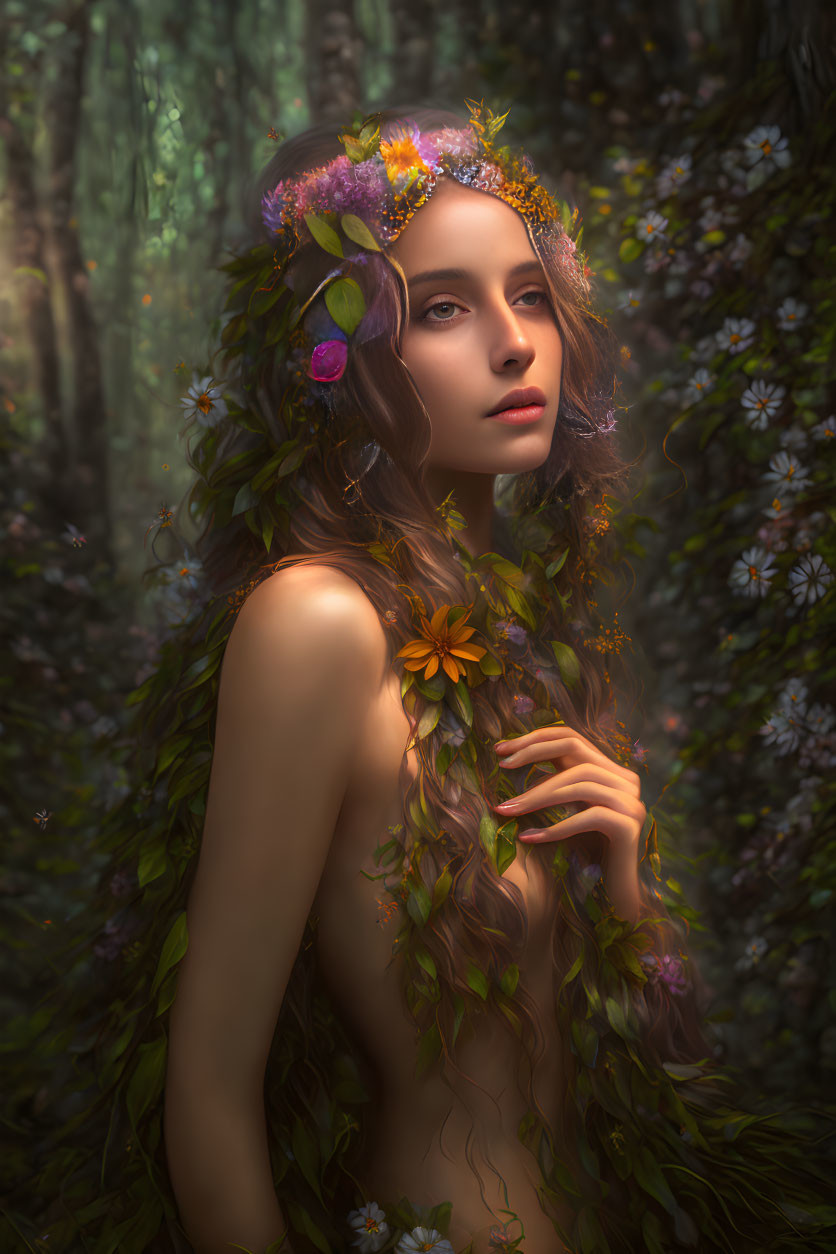 Woman with Floral Crown Veiled in Leafy Vines in Mystical Forest